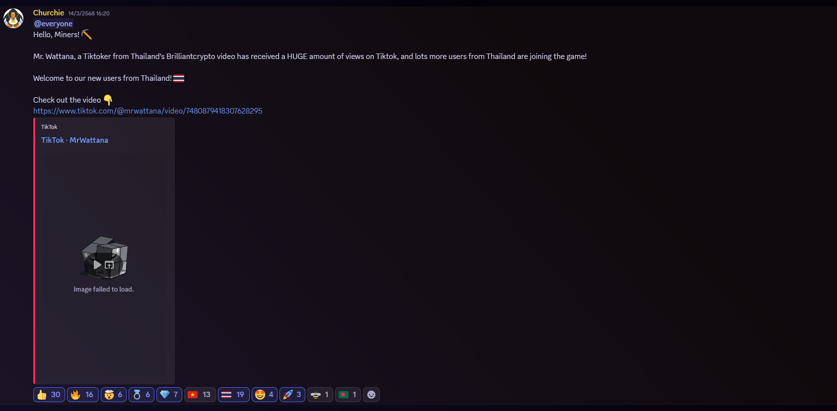 Discord announcement welcoming new Thai users
